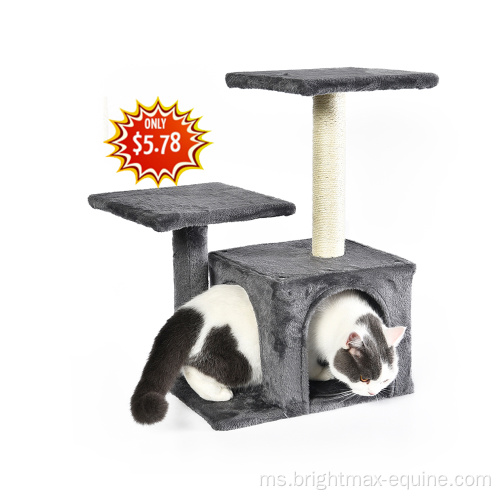 Jualan Besar Hanya 5.78 Dolar Grey Plush Kitten Wooden Houses Cat Climbing Scratching Post